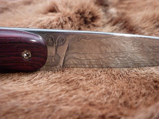Folding knife piemontais, damascus blade 54 layers O2, C75 and 15N20, two-colored cocobolo  handle , stainless steel plates 